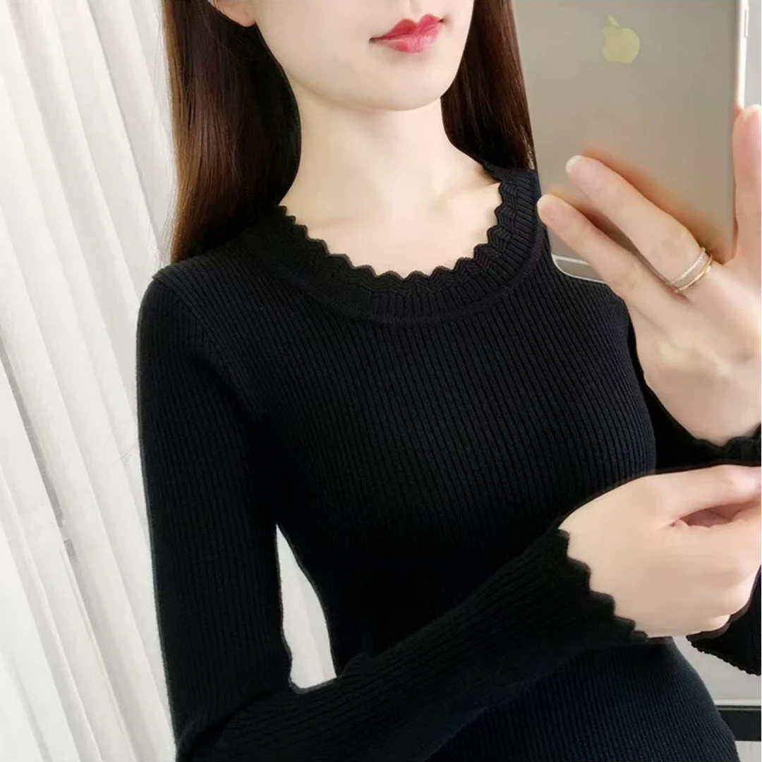 黑色打底衫女春秋2025年新款修身紧身针织衫长袖上衣百搭薄款毛衣