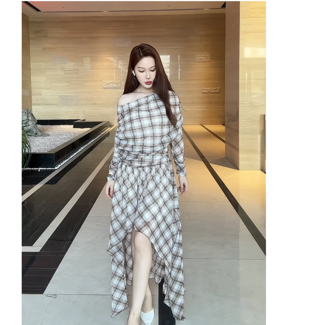 姜穹JIANGQIONG 2025春夏新款格子蝴蝶结抽褶气质长袖连衣裙女