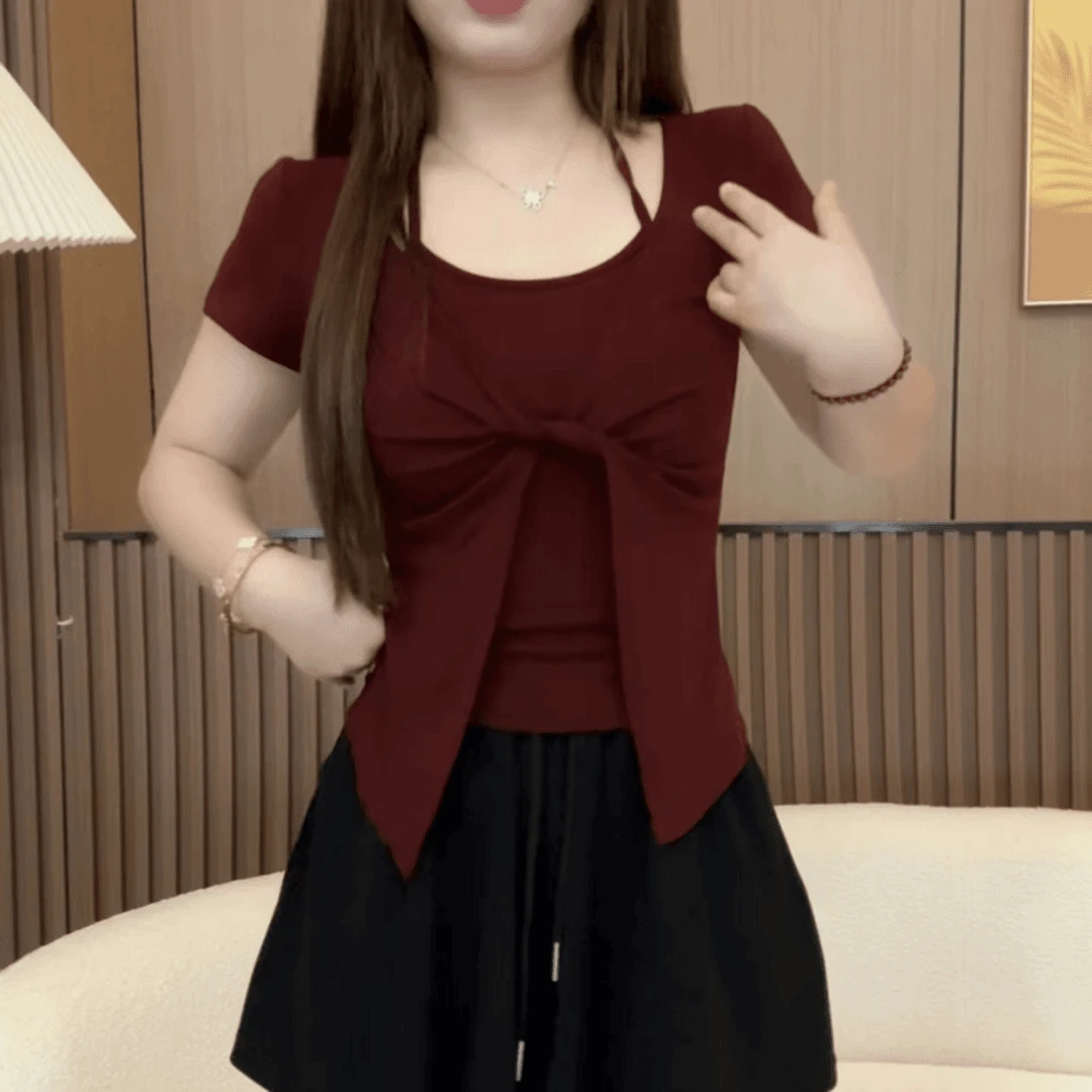 夏季挂脖设计感扭结假两件短袖T恤女新款修身显瘦辣妹上衣