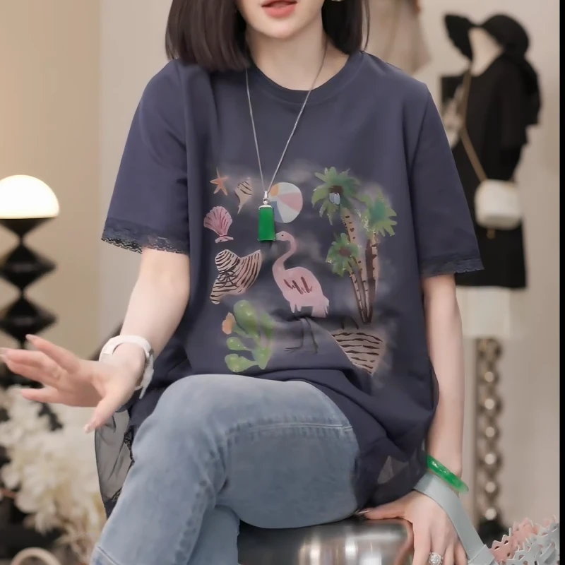 2025新款时尚夏日出游手绘火烈鸟拼蕾丝减龄短袖上衣T桖LK2502840