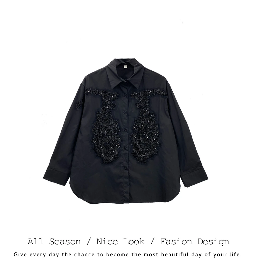 334    时尚黑色拼亮闪宽松百搭衬衣领气质长袖   款号#2508