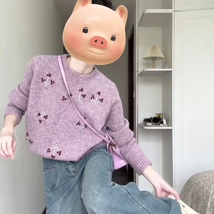 韩系慵懒风复古圆领长袖毛衣女秋冬新款设计感刺绣小个子针织上衣