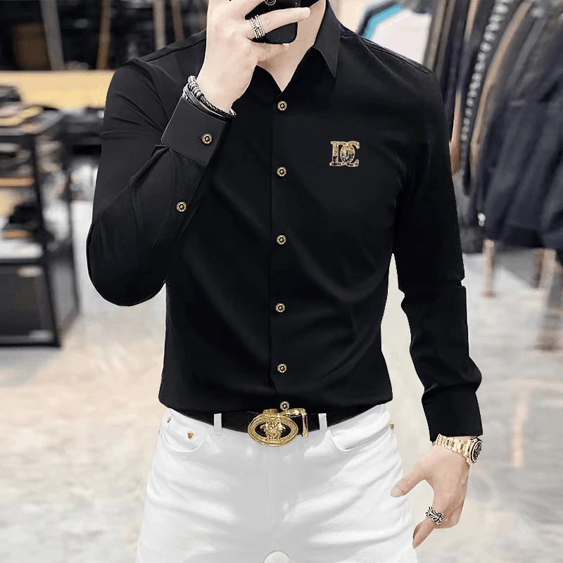 高端免烫抗皱衬衫男士长袖潮牌修身显瘦遮肉商务休闲无痕微弹衬衣