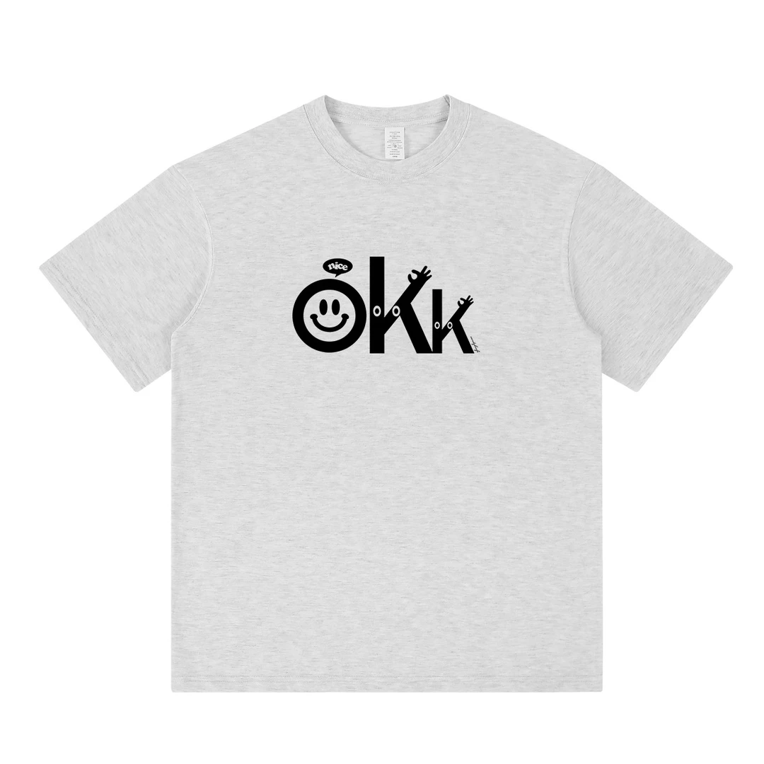 韩系笑脸OKk字母印花纯棉短袖T恤男夏季圆领宽松休闲百搭情侣上衣