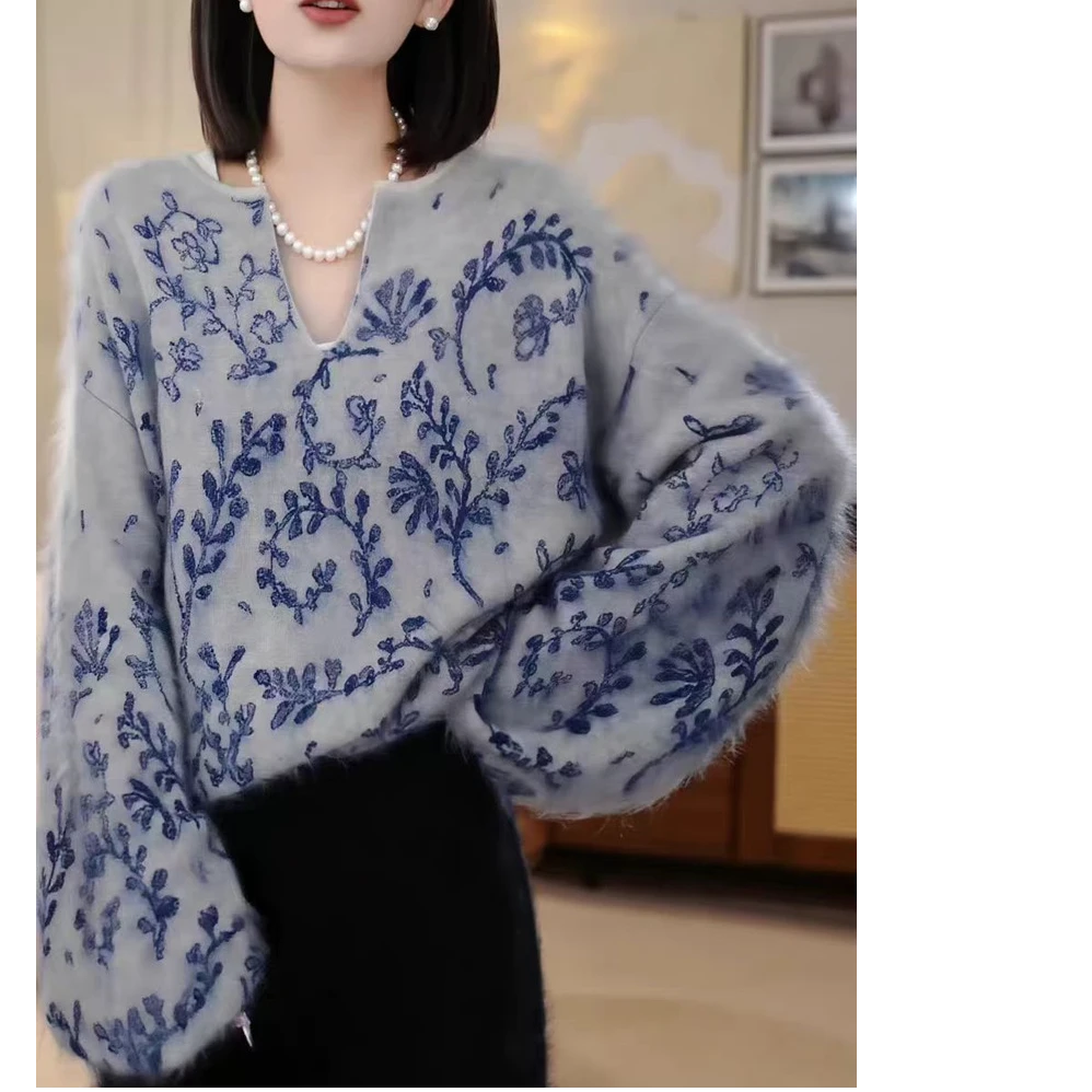 爆款女提花拉绒毛衣气质国风拉毛羊毛衫加厚百搭时尚拼色外穿毛衣