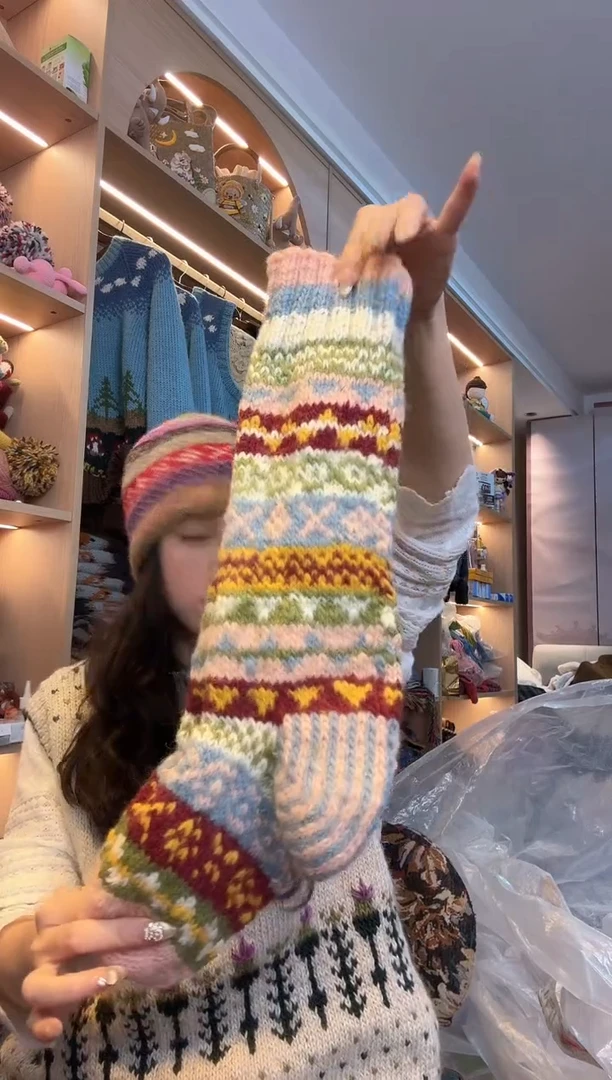 羊毛纯手工粉色长袜