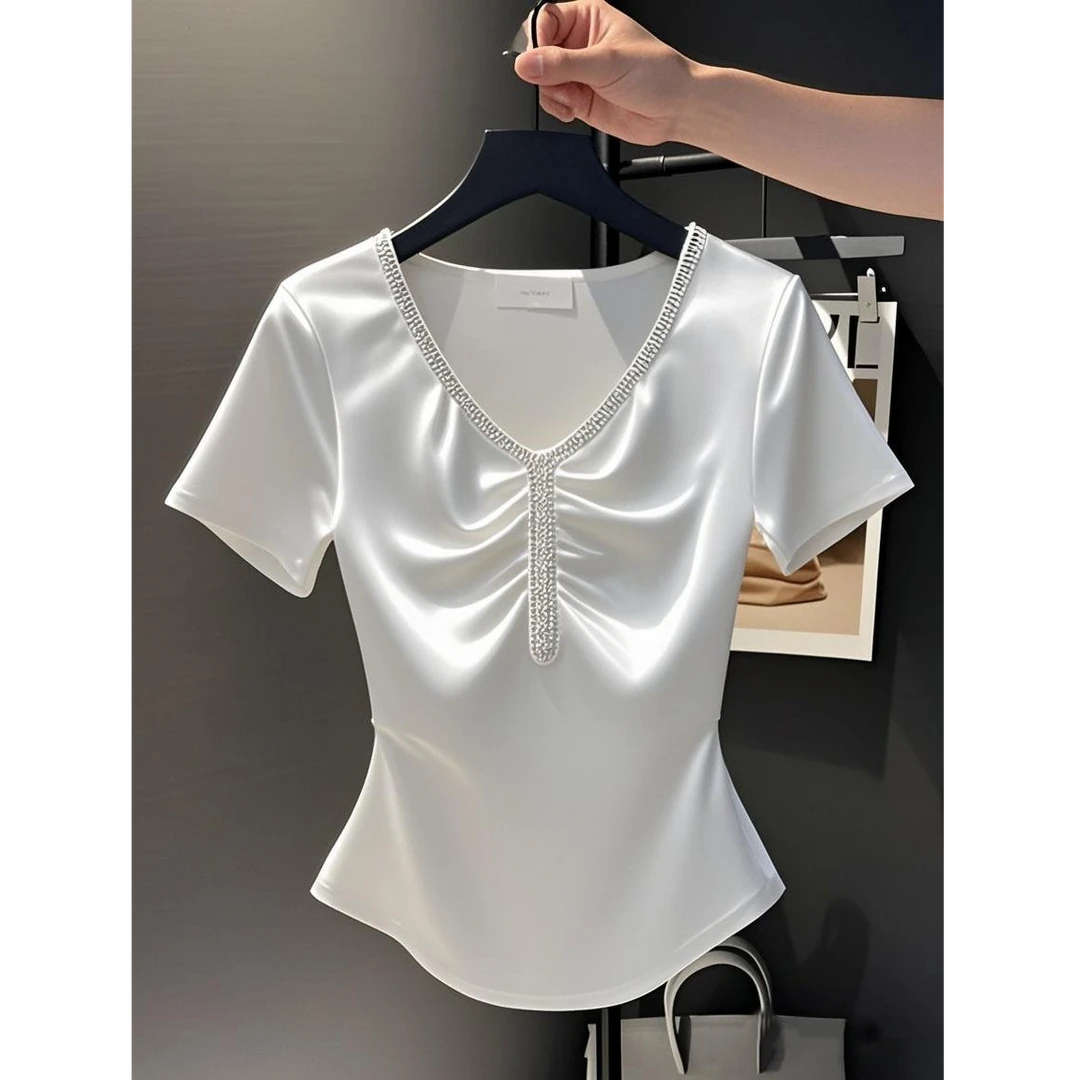 2025夏季新款收腰显瘦上衣女装爆款洋气高档精致气质时尚百搭T恤