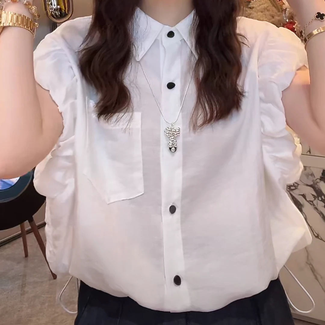 韩版轻奢设计感抽绳气质短袖衬衫2025夏季薄款洋气时尚宽松衬衣