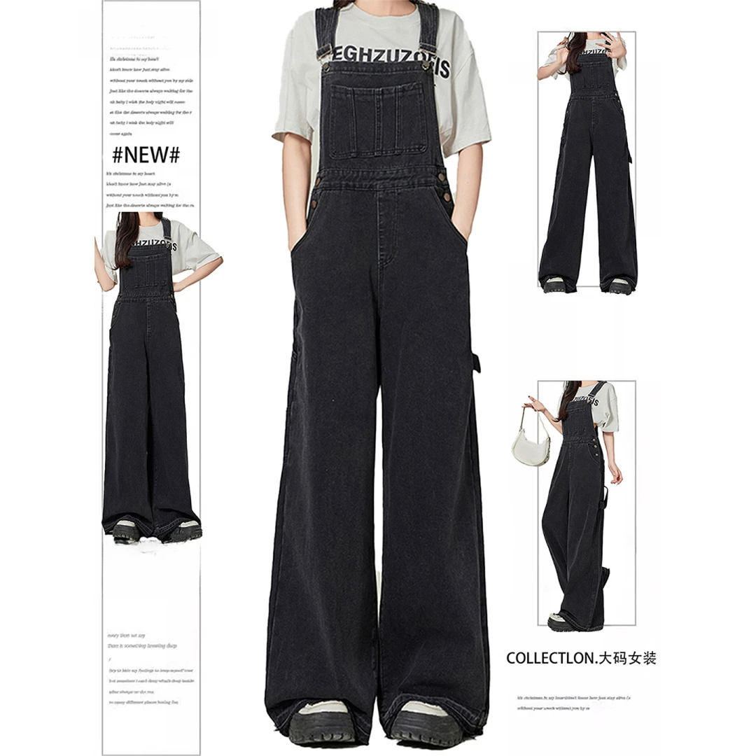 300斤大码美式高街黑色工装牛仔背带裤女胖MM宽松遮胯显瘦连体裤