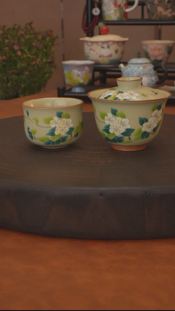 山茶花系列 二才盖碗+杯 带开片