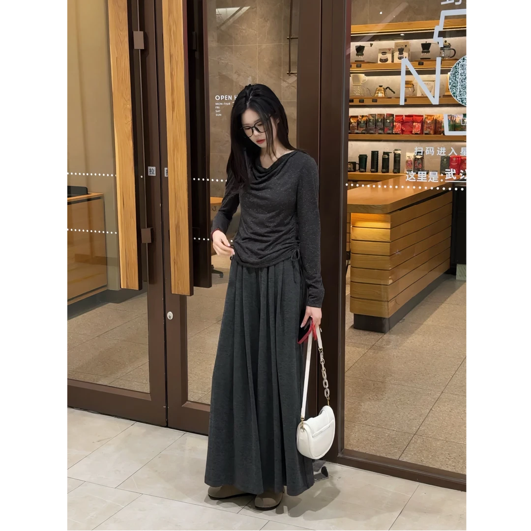 高级感别致荡领T恤上衣糯米针织裙裤两件套装春季高腰半身裙裤