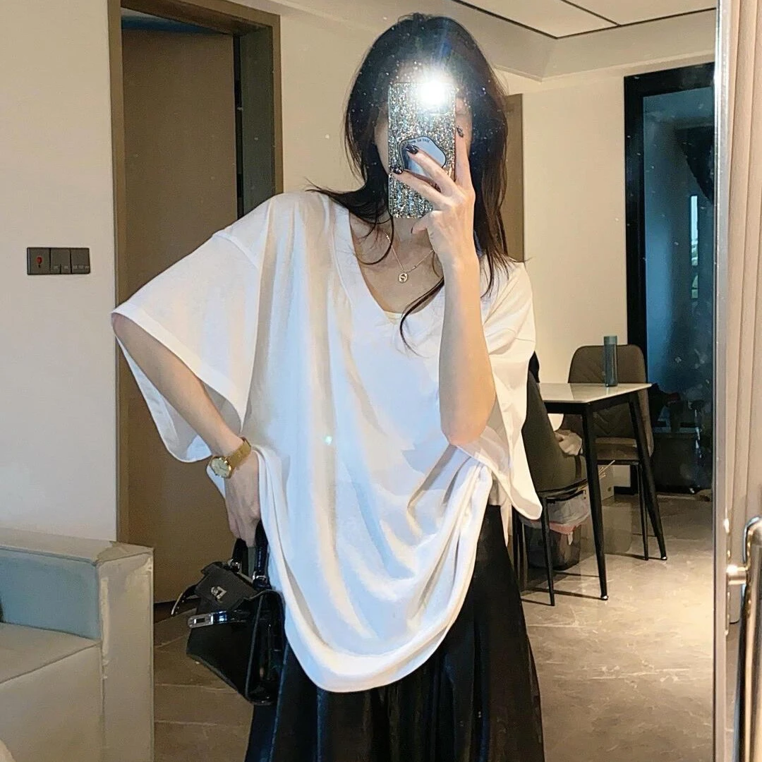 XGLMC大V领恤慵懒风短袖女显瘦大码宽松韩版新款夏季遮肉水冰感T