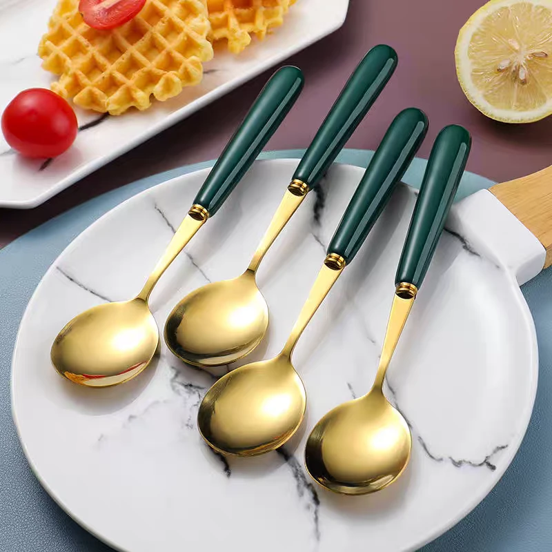 墨绿色不锈钢陶瓷手柄加厚勺子家用吃饭喝汤勺餐勺颜色随机发货pp