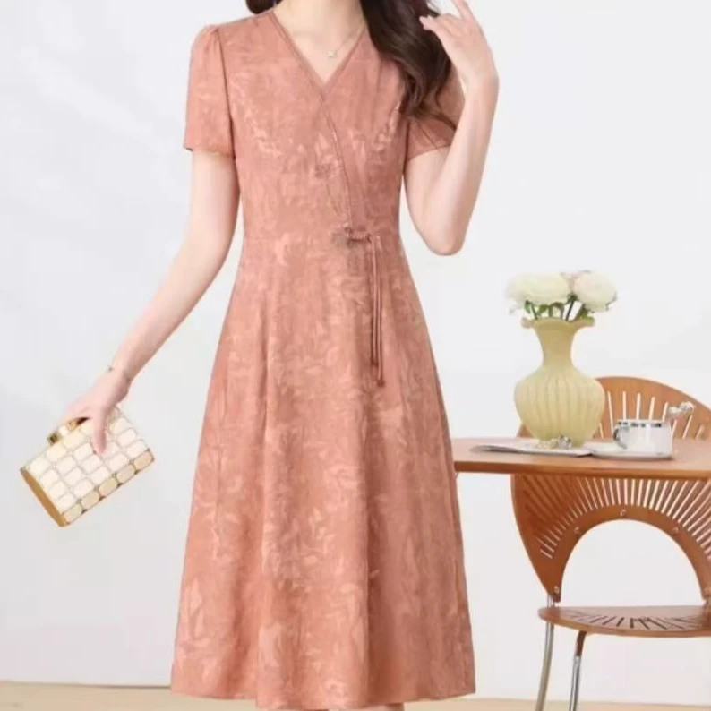 X0575 A字裙夏季洋气薄款连衣裙夏季修身晚礼服裙子时尚V领