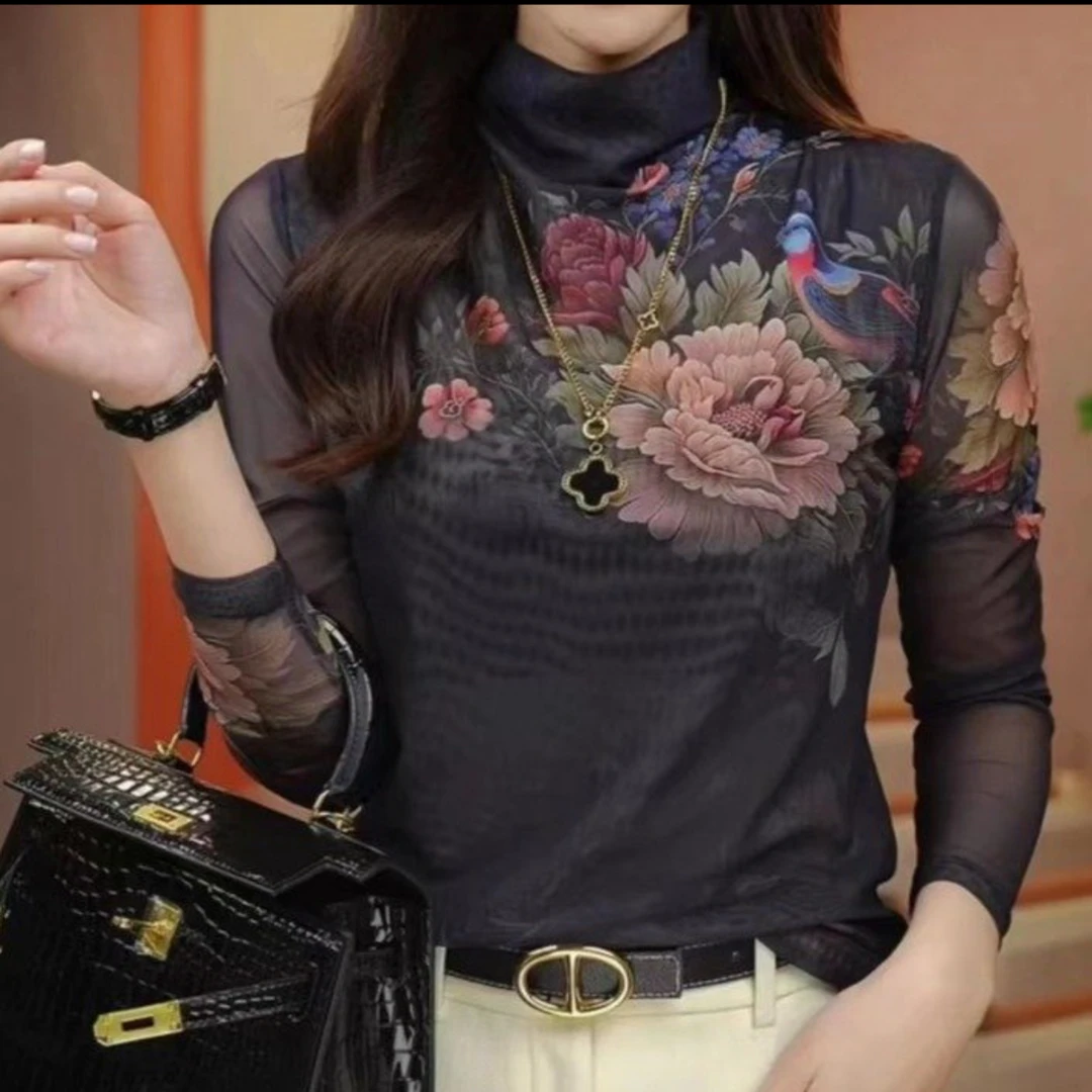 设计感印花早秋肌肤纱轻奢上衣T恤女装减龄百搭弹力长袖