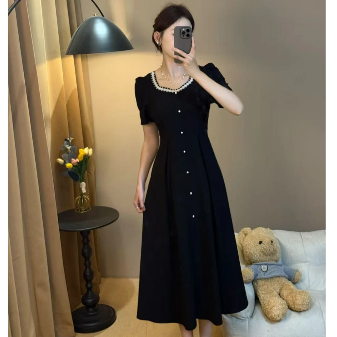 【林兮定制】法式显瘦遮肉高腰气质小众收腰气质链条连衣裙RS2399