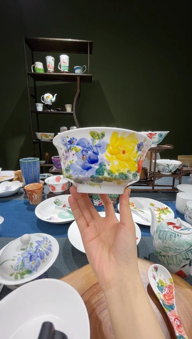 碗景德镇高温釉下彩6.5英寸金钟碗紫黄莫奈大花