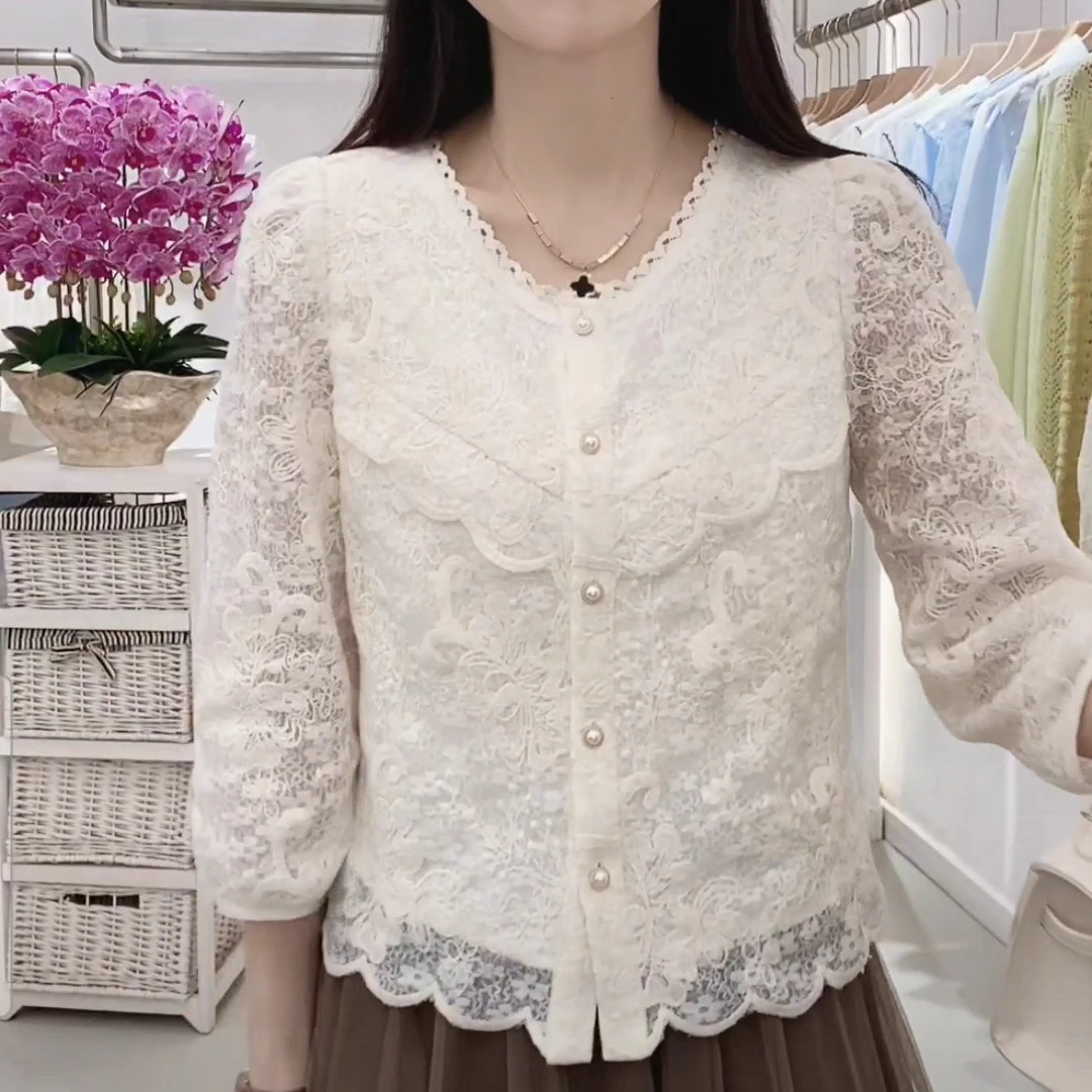 2025春季新款套头时尚设计感七分袖气质镂空时尚洋气百搭减龄小衫
