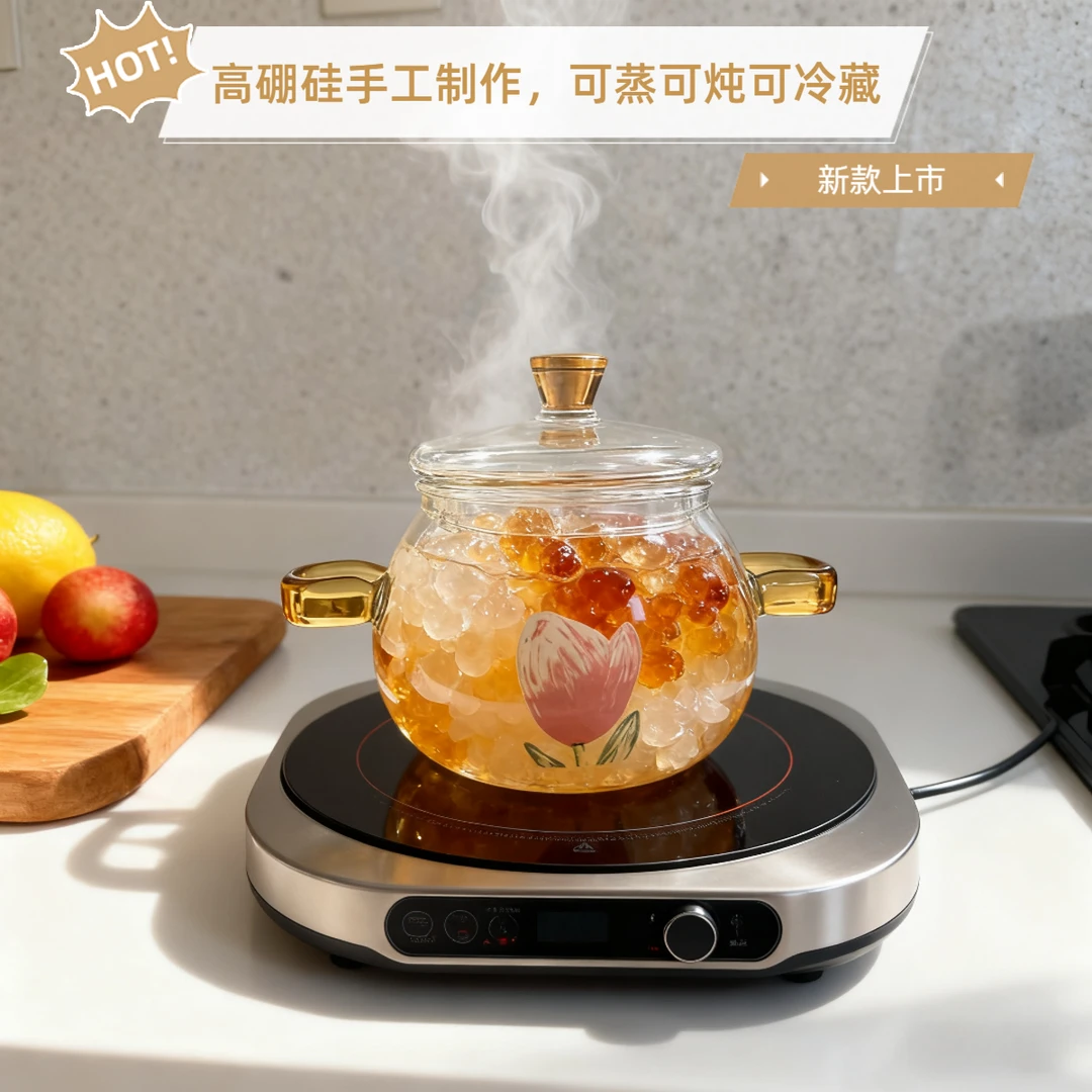 郁金香高硼硅玻璃双耳炖盅手工制作耐高温可蒸可炖防烫手甜品碗