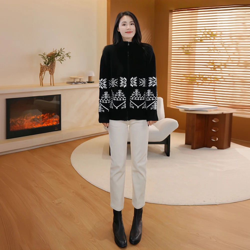 【雪花】Mayya Plus麦芽定制秋冬轻奢宽松黑色提花毛织外套32546971