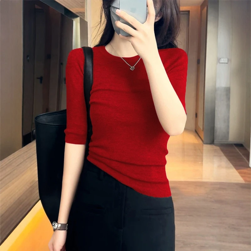 打底衫女春夏修身红色圆领针织衫洋气2025新款休闲修瘦五分袖上衣