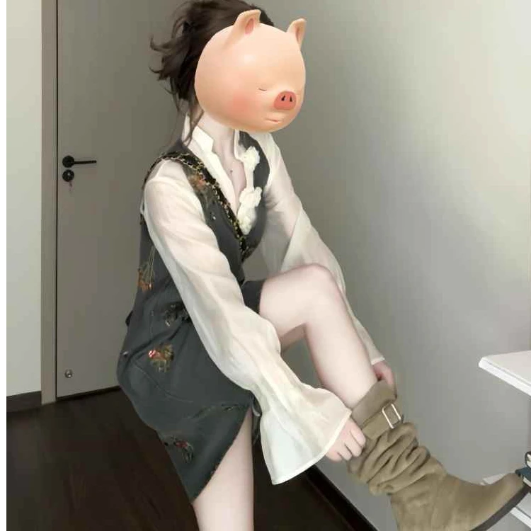 然然高个子春款女装富家千金重工刺绣牛仔背心裙韩系穿搭衬衫套装