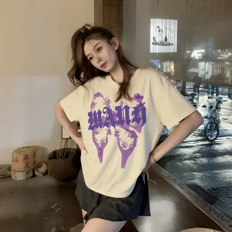 宽松纯棉印花短袖T恤休闲韩版薄款短款ins网红圆领20037
