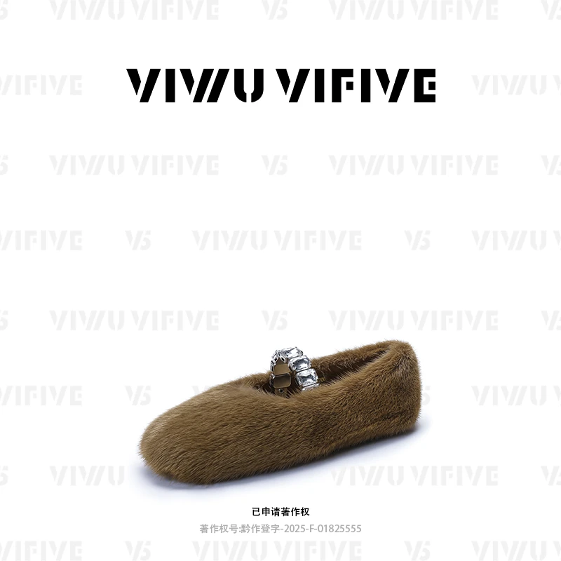V5「绒悦」2025秋上新毛茸茸貂毛水钻带芭蕾风圆头平底勃肯鞋女