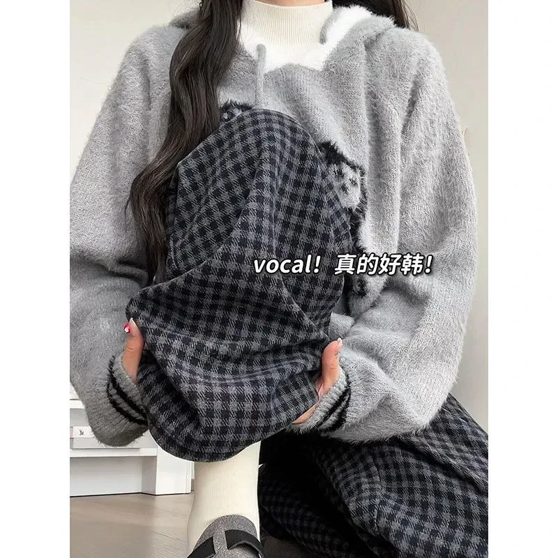 格子裤女春秋新款直筒垂感宽松毛呢裤子小个子九分软糯加绒阔腿裤
