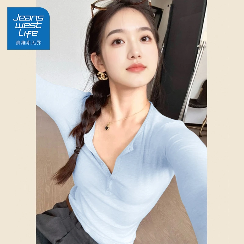 真维斯无界女士U领开扣长T秋季修身纯欲风气质通勤新款显瘦打底衫