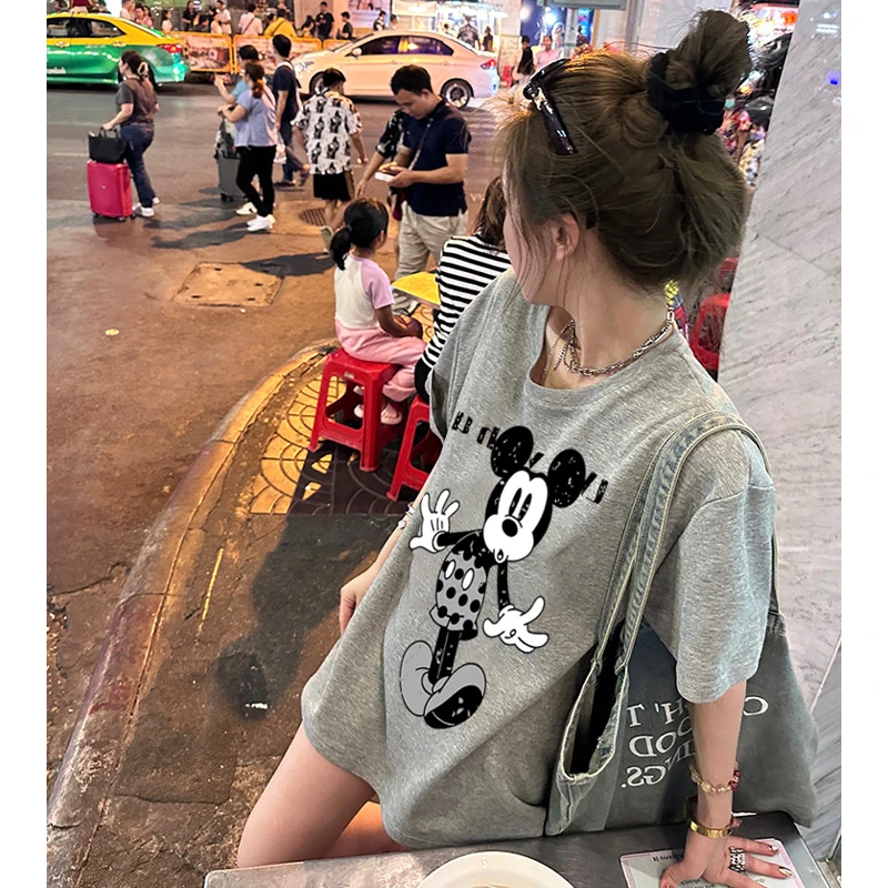 港风ins米奇前后图显瘦短袖T恤上衣洋气女装纯棉休闲情侣装半袖t