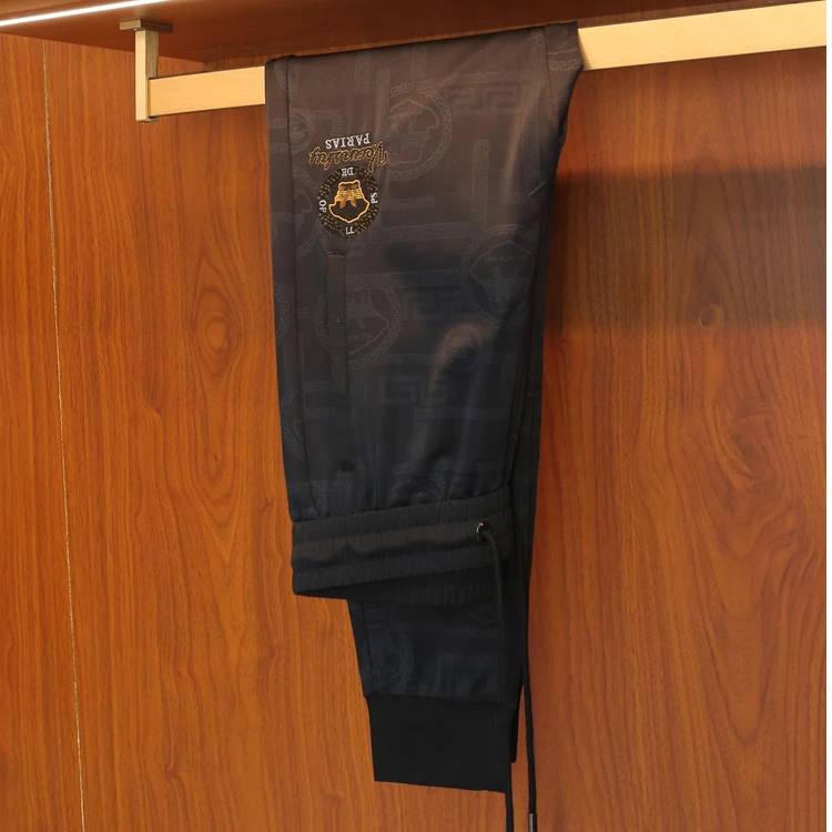 范希巴迪夏季薄款束脚休闲裤男士印花刺绣修身卫裤男系带长裤子