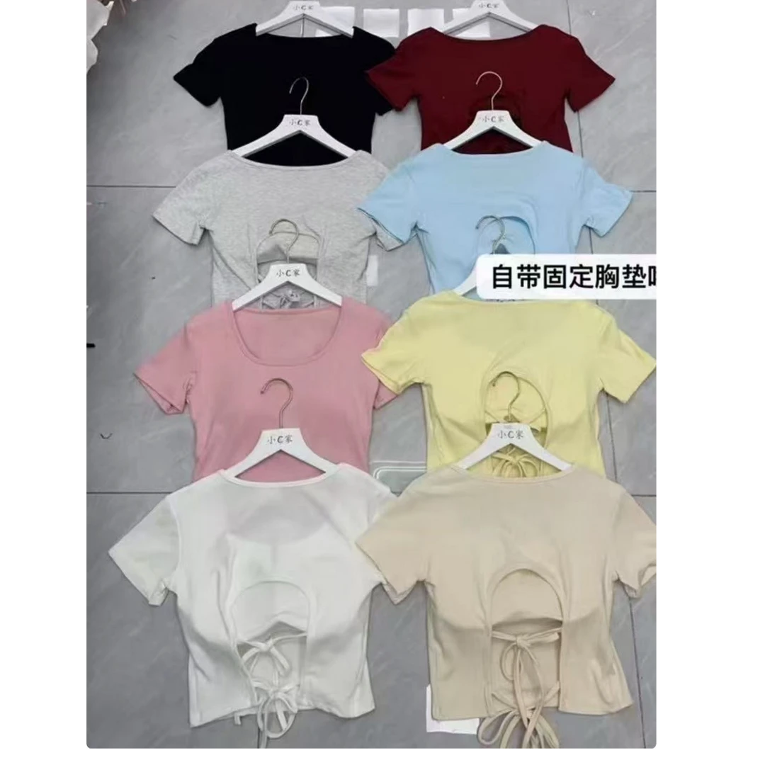 带胸垫绑带短袖t恤女夏季2025新款浅色正肩美式辣妹短款露背上衣