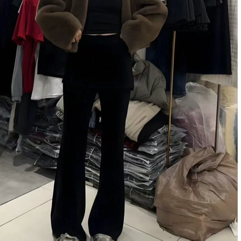 【大脸】假两件屁帘微喇裤女高腰显瘦百搭拖地休闲长裤（28810）