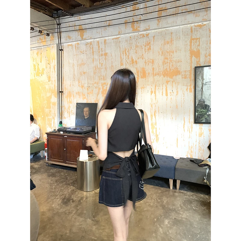 【朗姆红茶背心】春夏时尚条纹漏背系带蝴蝶结背心252H0654