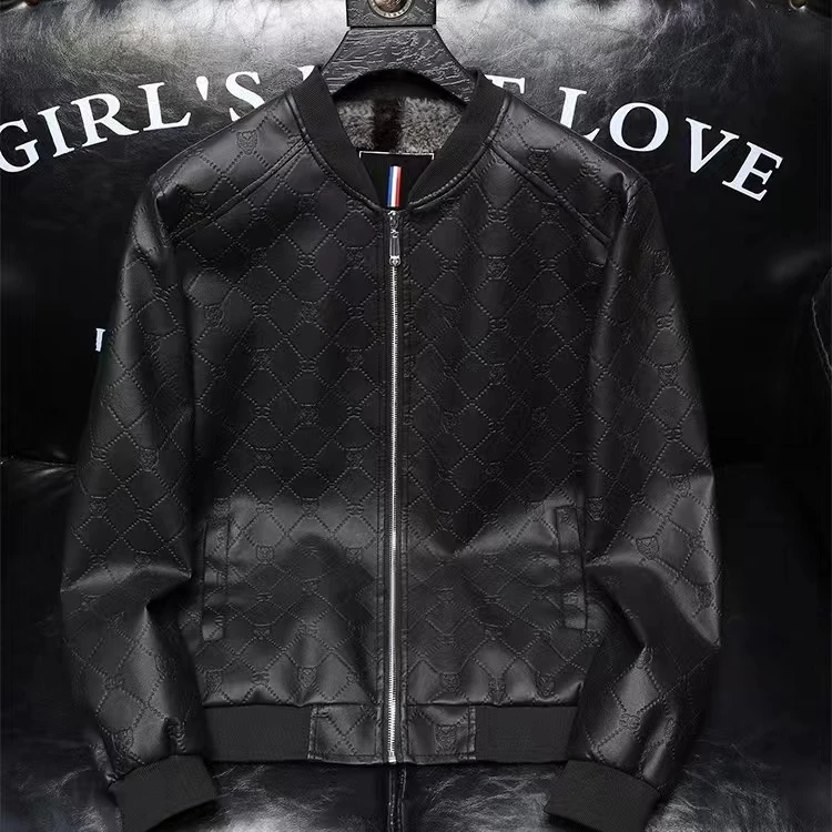 2024秋冬新款男士虎头压花加绒加厚时尚休闲皮夹克X