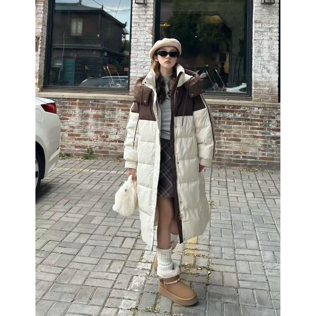 9016#韩版撞色连帽长款羽绒服外套