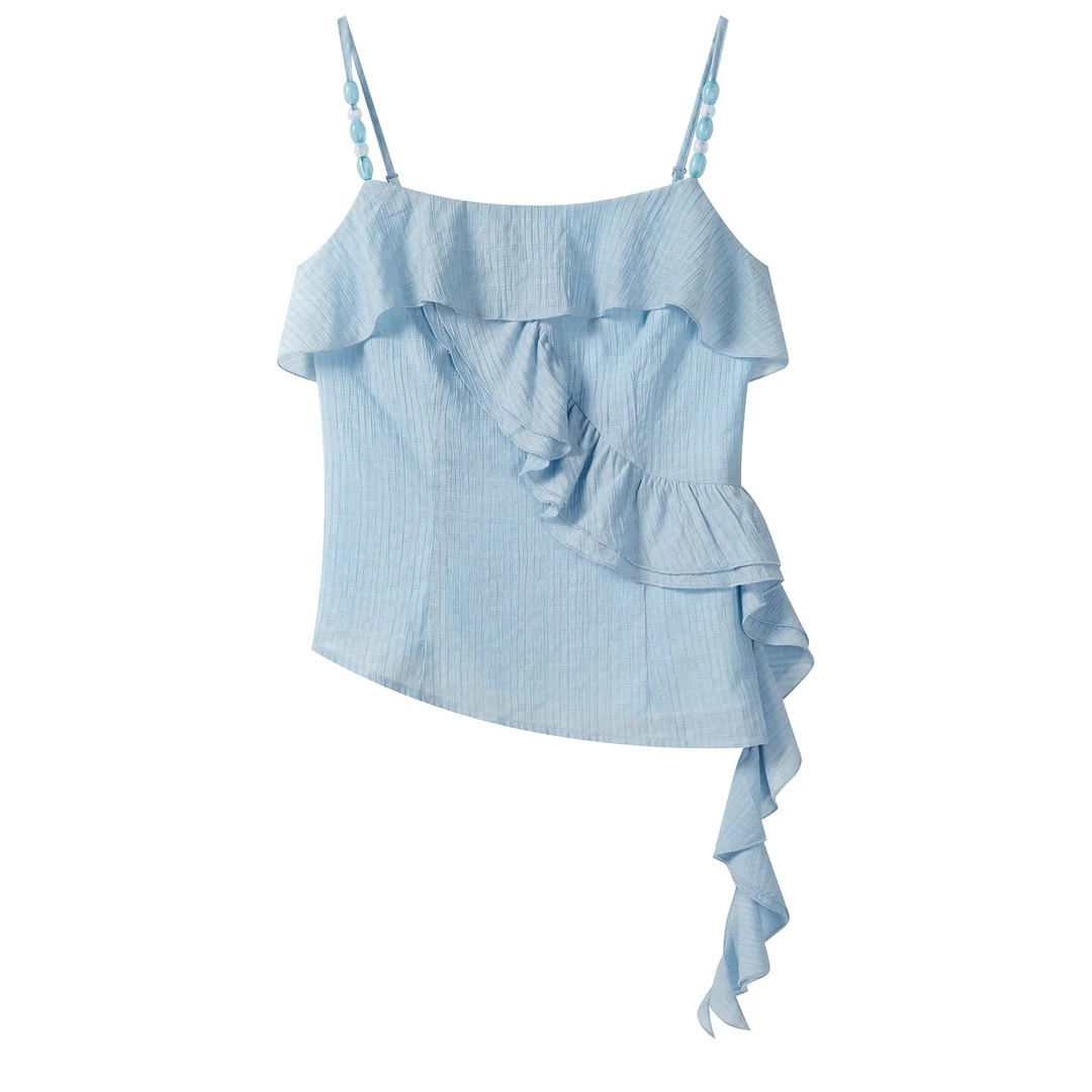 羊城故事-蓝色法式荷叶边吊带背心女设计感别致小众上衣Y50751680