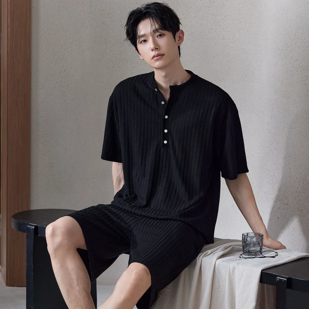 YIHAN-新款螺纹提花睡衣男超弹透气亲肤亨利领轻奢简约家居服套装