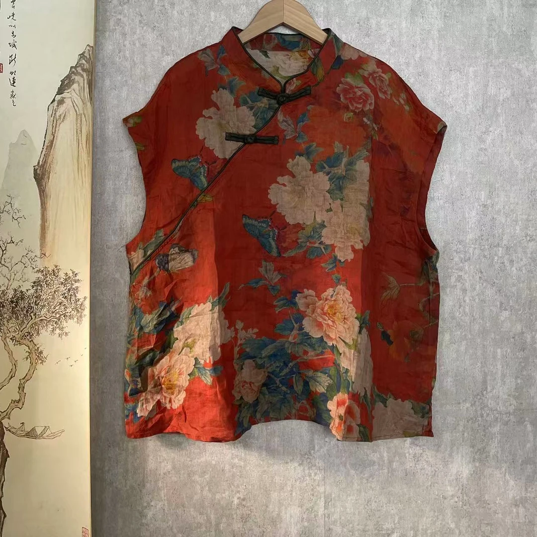 芬雅苎麻印花斜襟盘扣小飞袖上衣小衫衣长63胸围124