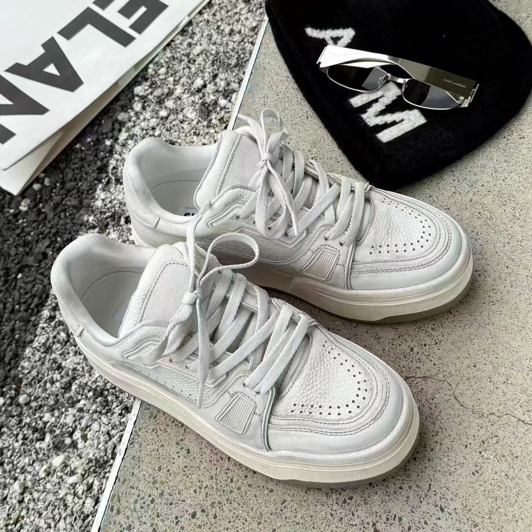 诗歌兰女鞋2025真皮秋新款百搭时尚做旧系带厚底增高休闲运动板鞋