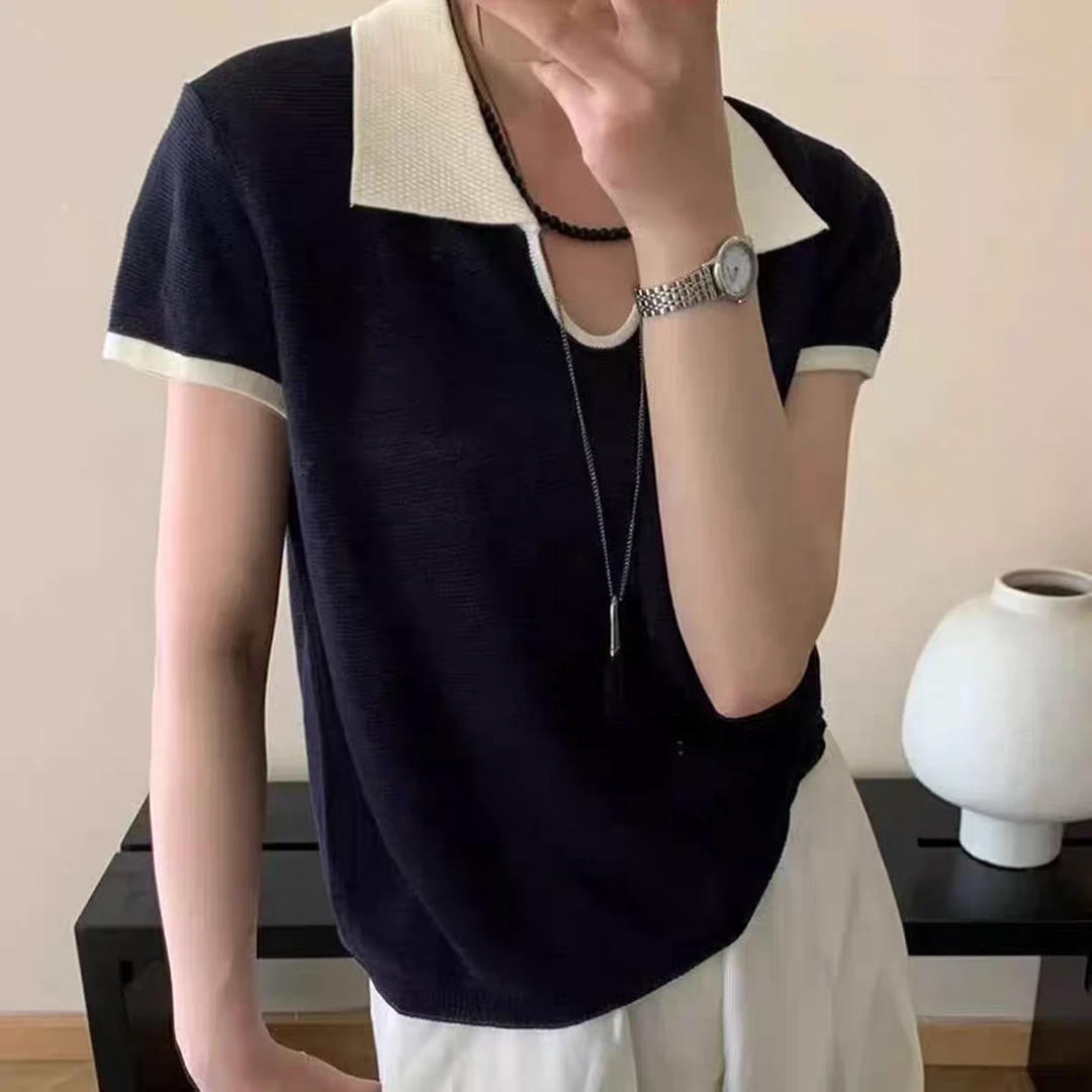 纯色休闲短袖韩系女T恤宽松翻领撞色A11378