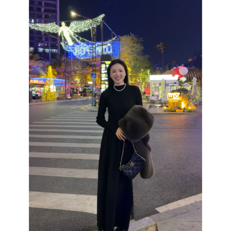 48H【内搭wang】高个子女装 加长半高领针织收腰大摆连衣裙 JY195