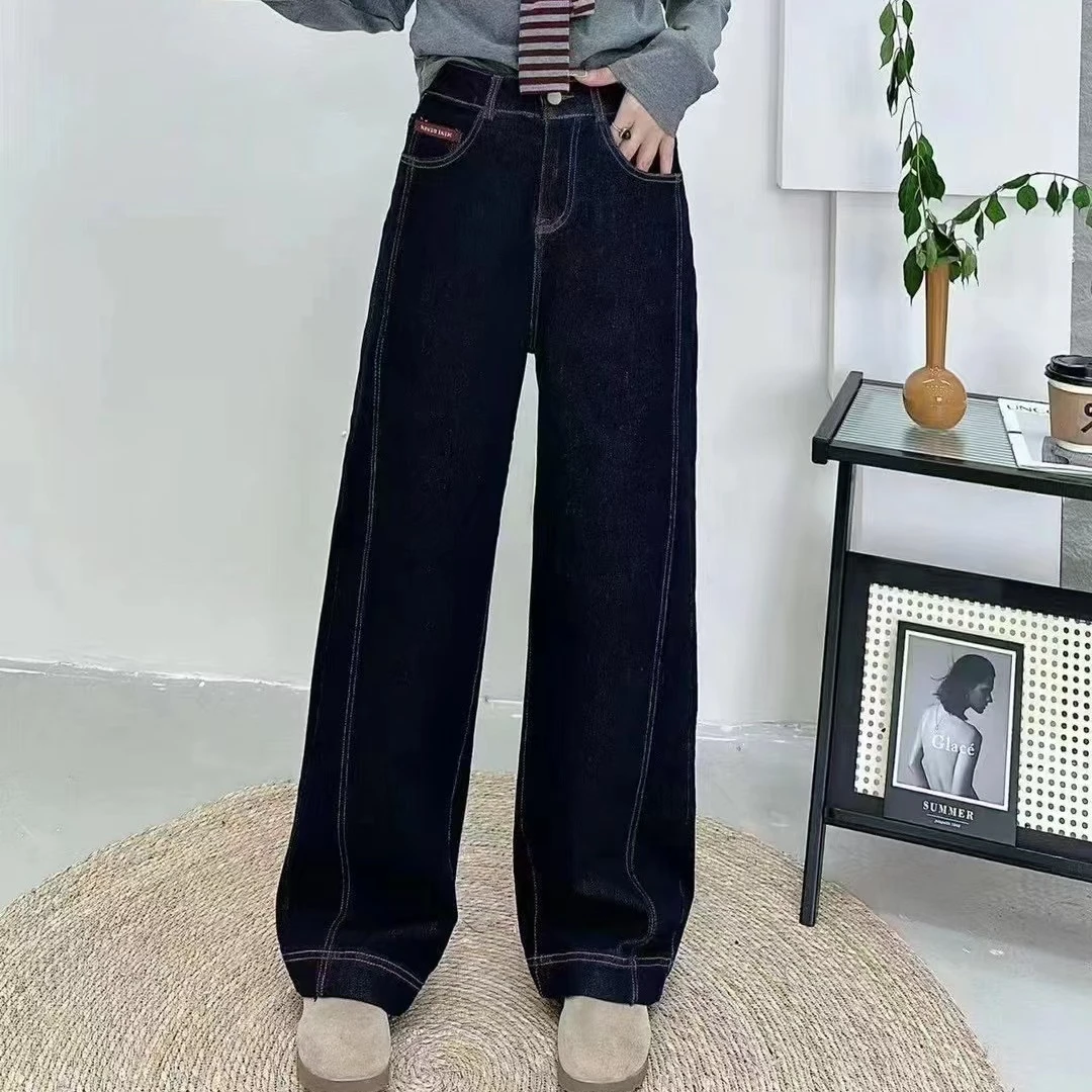 8207冬季磨毛直筒牛仔裤深蓝色中腰弹力阔腿裤
