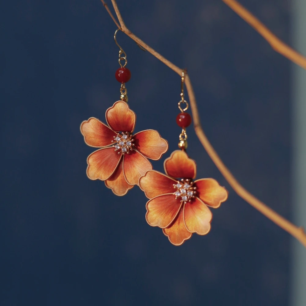 非金属木质耳饰 【黄牡丹】非遗绒花桑蚕丝飞天色耳环耳夹宫廷耳环