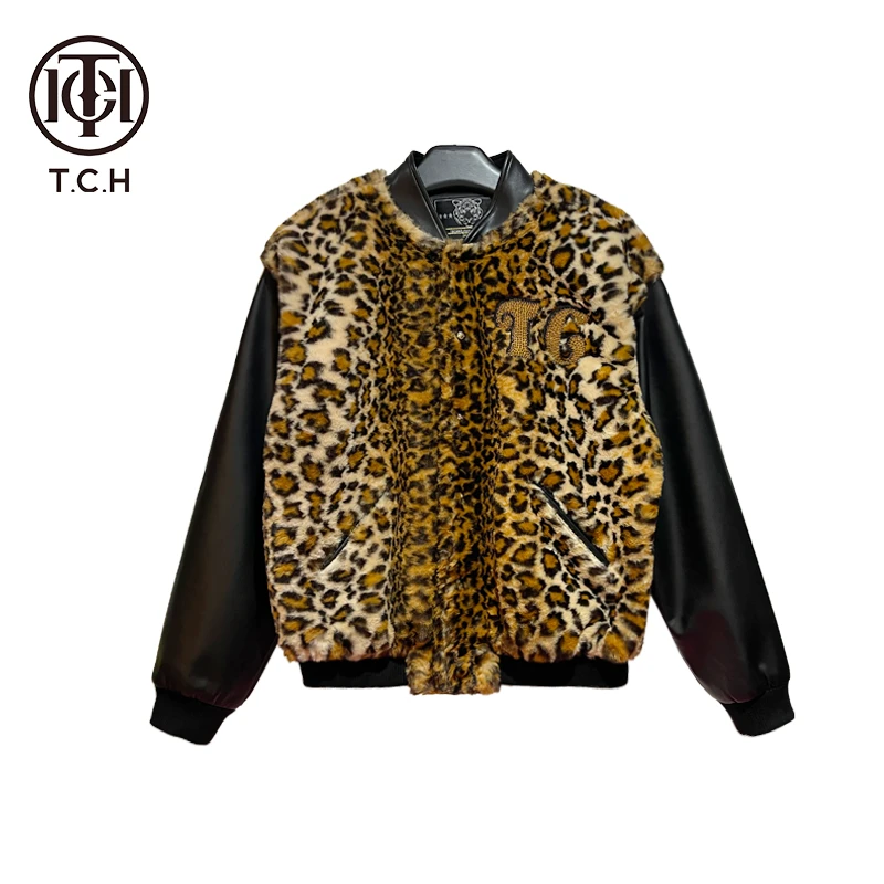 TCH-潮牌高定设计师时尚休闲豹纹毛毛拼接外套T69D05E6001