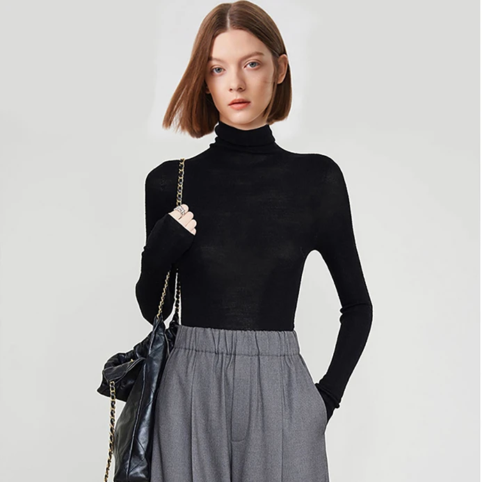 精纺美丽诺羊毛18针无缝全成型经典高领打底衫薄款羊毛衫显瘦针织