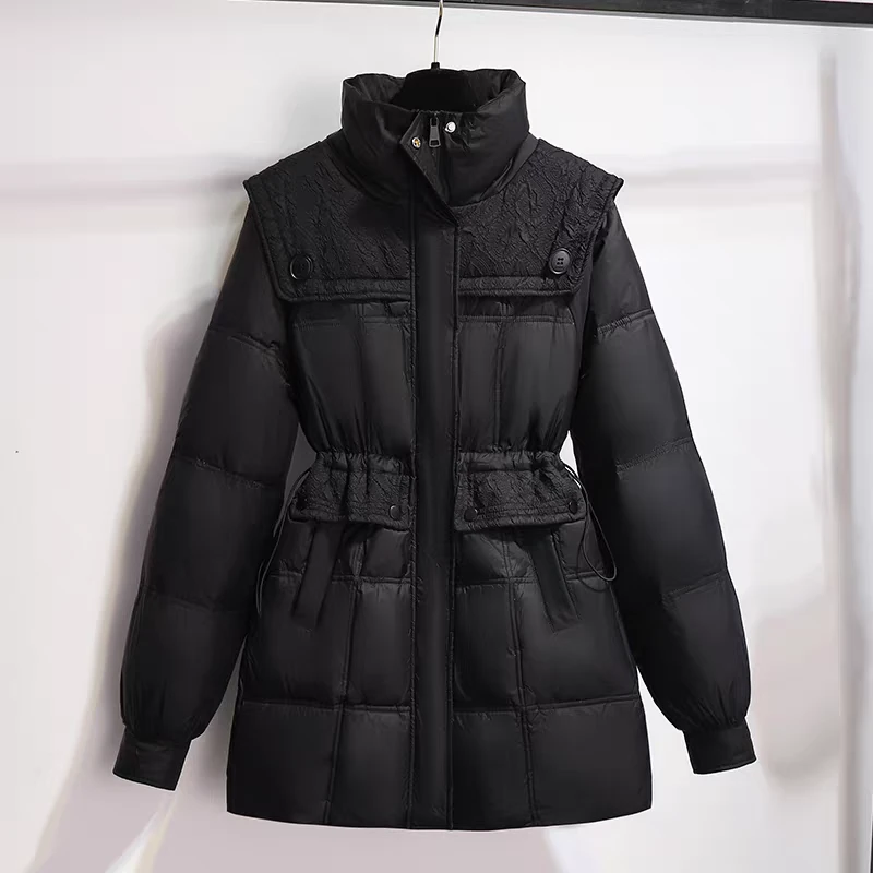 黑色羽绒服女冬季2025新款中长款修身收腰小个子高级感炸街外套