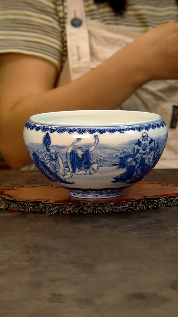老师亲工青花手绘罗汉水洗