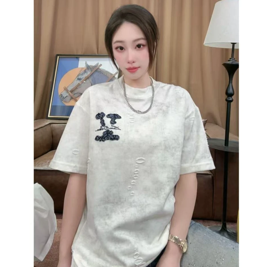 【西西】2025新春爆款重工刺绣贴布绣重工圆领短袖宽松T恤